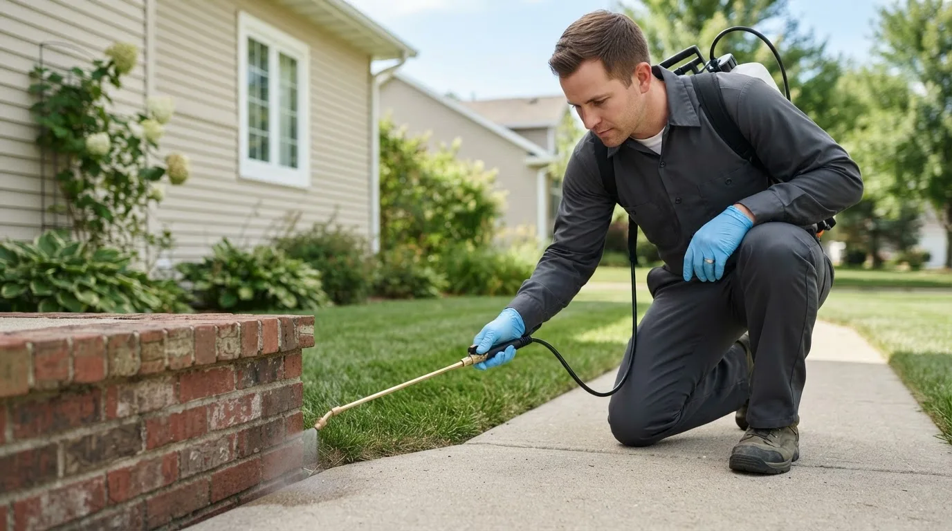Pest control technician treating a home near North Evans, NY