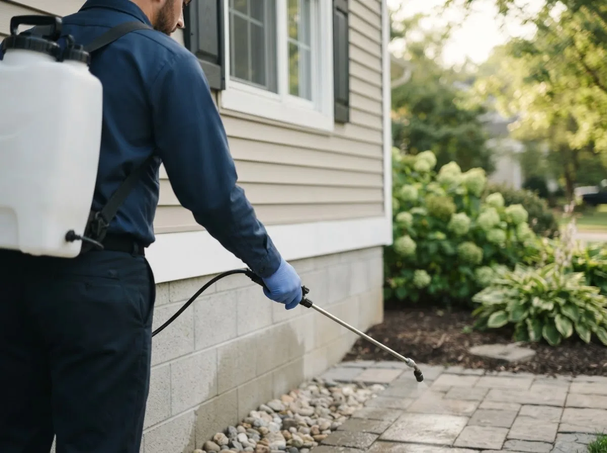 Pest control technician inspecting a home in North Evans, NY
